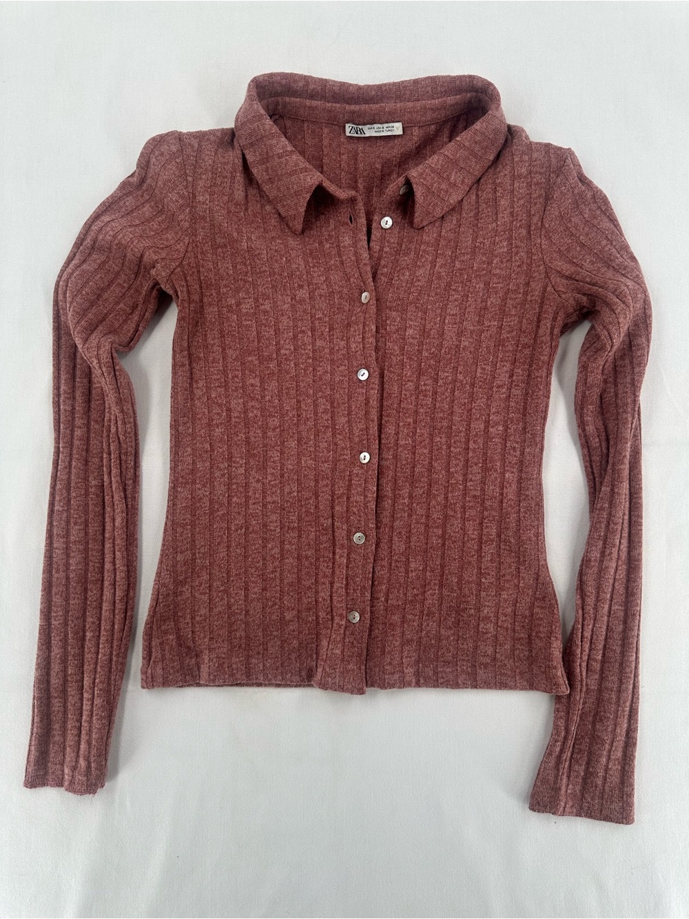 ZARA Dusty Rose Ribbed Knit Collared Button Front Top S